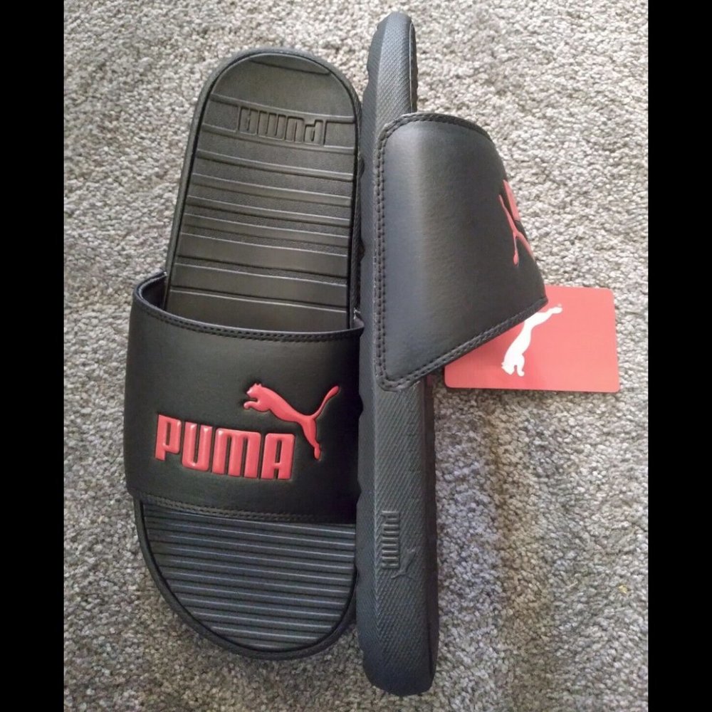 PUMA Cool Cat Slide Sandals for Men, Size 12 - Black/High Risk Red